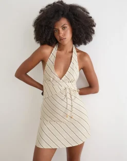 Mayeira Halterneck Mini Dress in Tilt Lines Beige