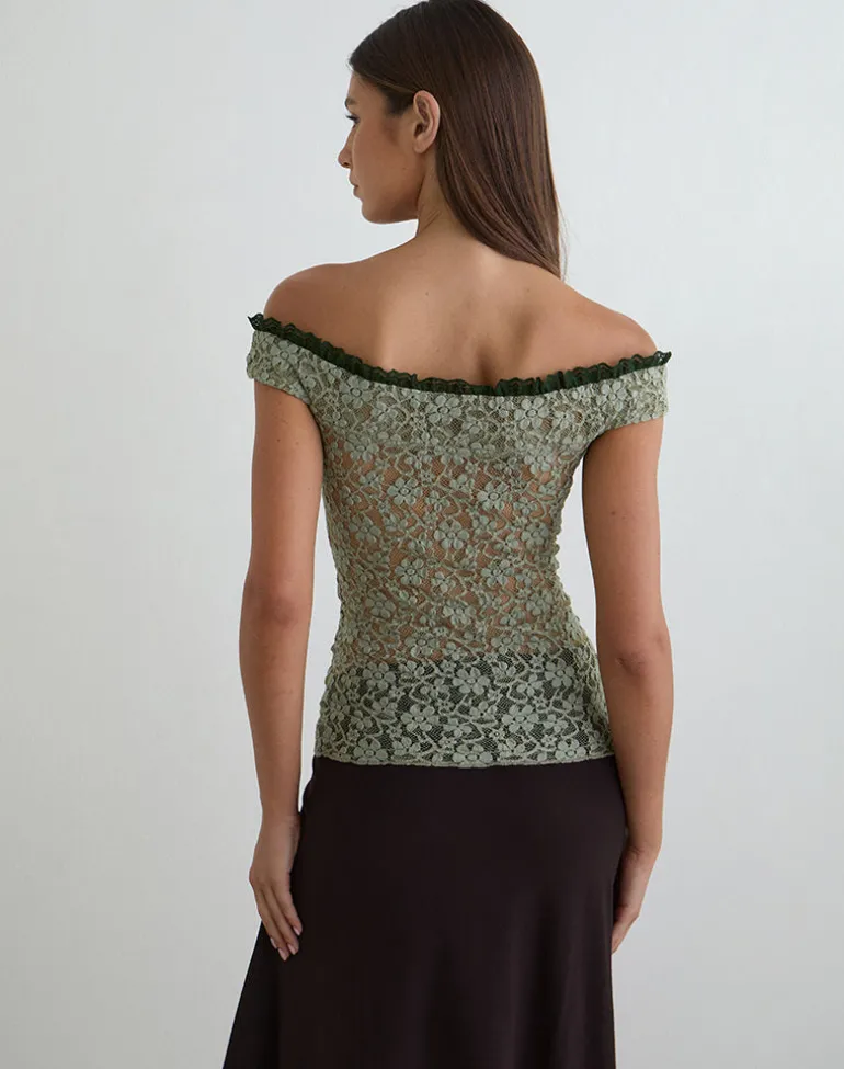 Mayu Top with Ruffle Trim in Lace Sage Green