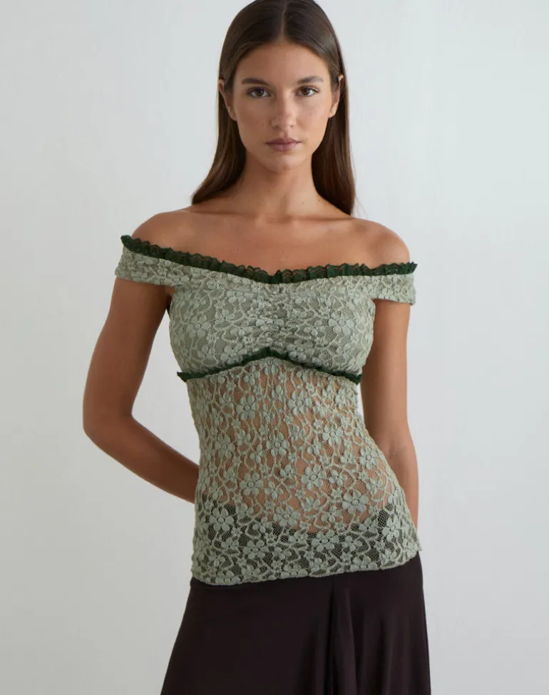 Mayu Top with Ruffle Trim in Lace Sage Green