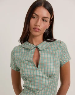 Medora Keyhole Mini Dress in Teal Check