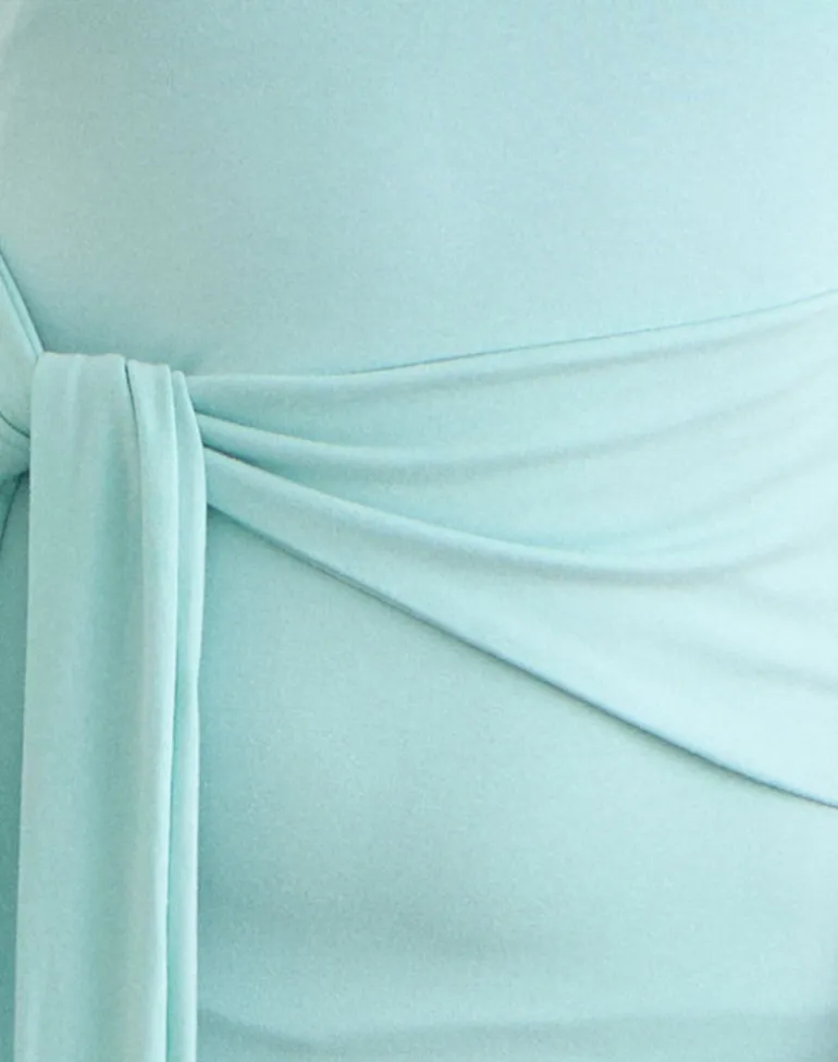 Merlene Off Shoulder Top Tie in Rayon Jersey Aqua
