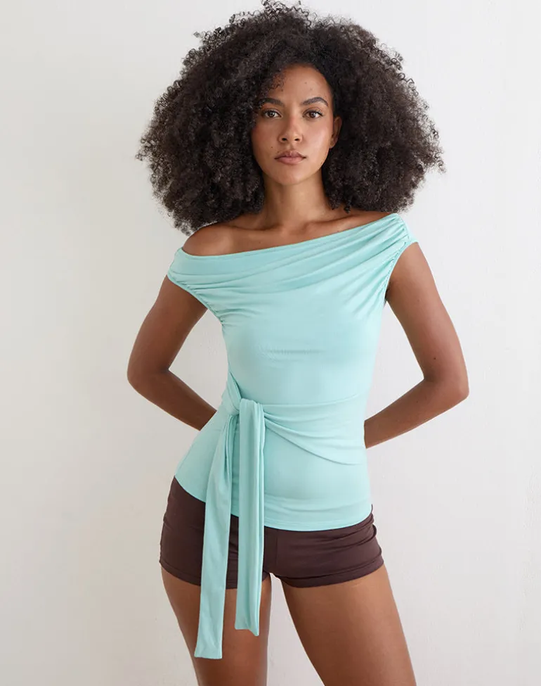 Merlene Off Shoulder Top Tie in Rayon Jersey Aqua