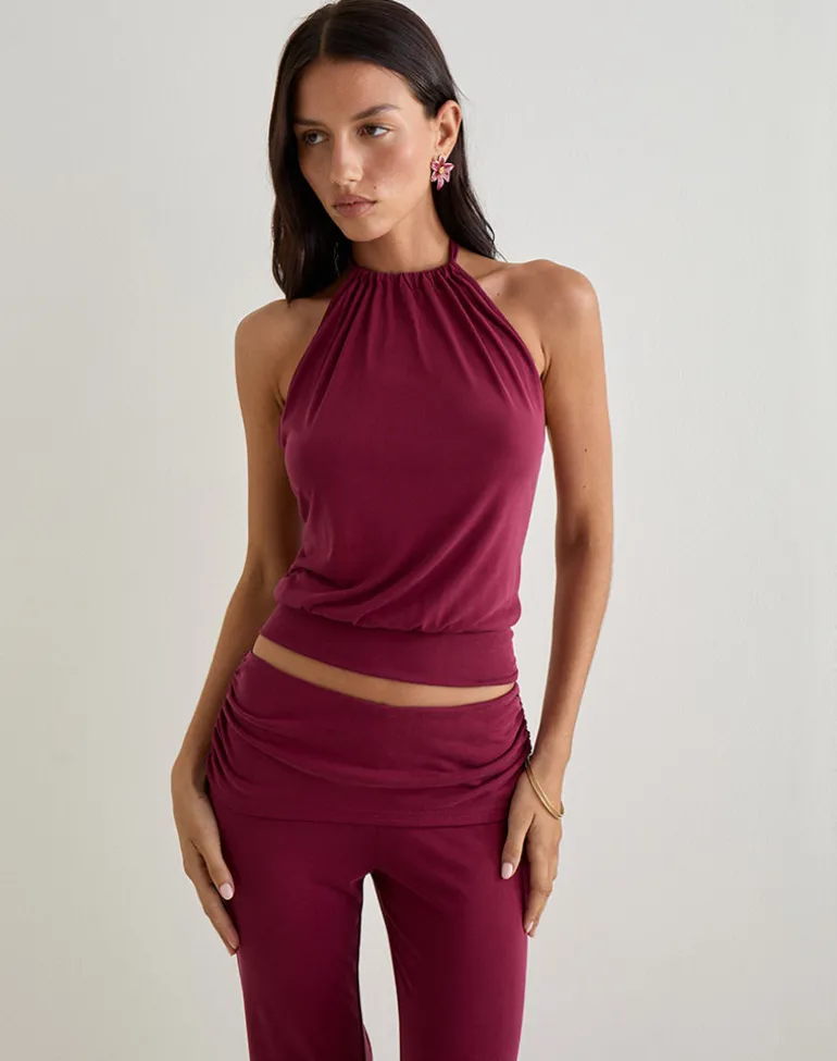 Miasa Backless Halterneck Top in Cupro Burgundy