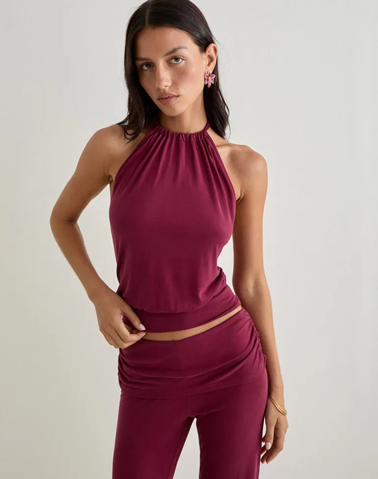 Miasa Backless Halterneck Top in Cupro Burgundy