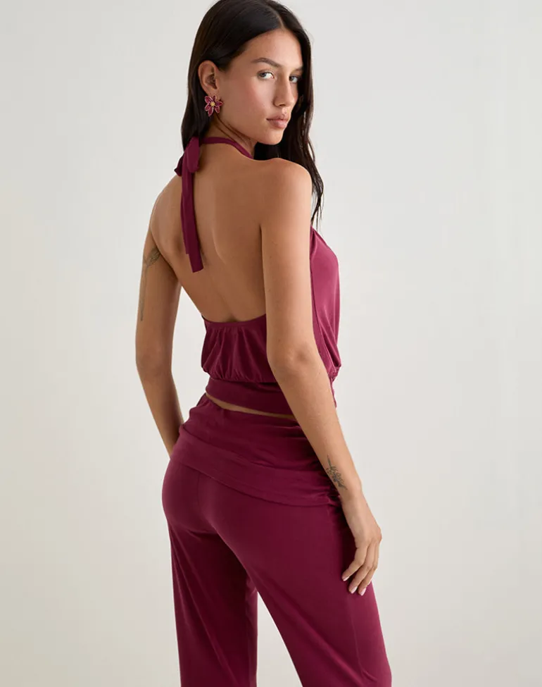 Miasa Backless Halterneck Top in Cupro Burgundy
