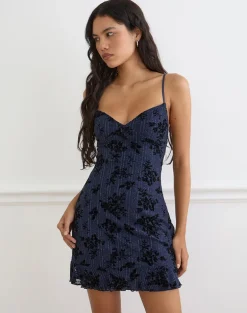 Micaya Mini Dress in Flocked Shimmer Plisse Navy
