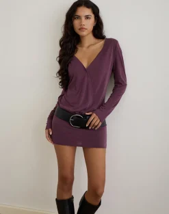 Mihiro Plunge Mini Dress in Cupro Deep Purple