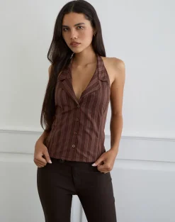 Mikanu Button Down Blouse in Stripe Brown