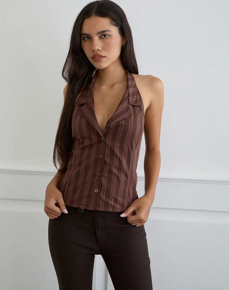 Mikanu Button Down Blouse in Stripe Brown