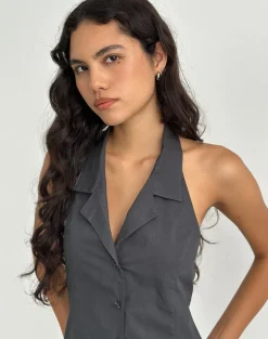 Mikanu Button Down Halterneck Blouse in Charcoal Grey