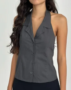 Mikanu Button Down Halterneck Blouse in Charcoal Grey