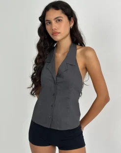 Mikanu Button Down Halterneck Blouse in Charcoal Grey