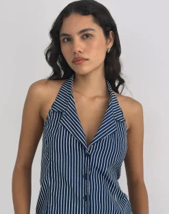 Mikanu Halterneck Blouse in Pinstripe Navy