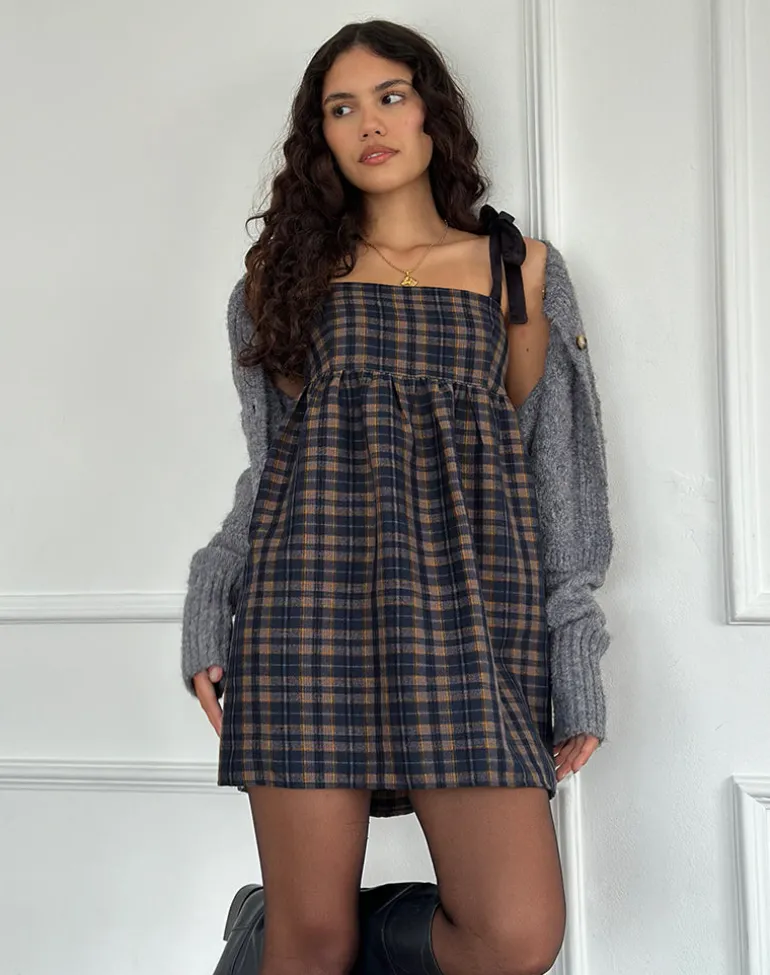 Mikayla Square Neck Mini Dress in Navy and Mustard Check