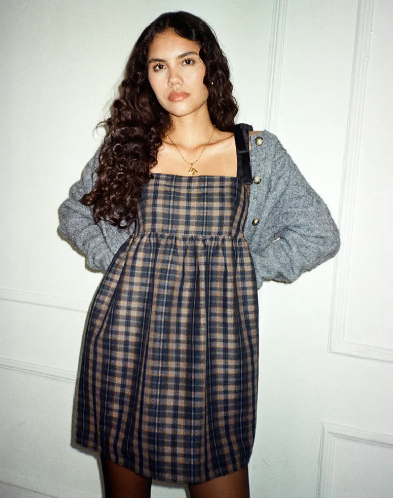 Mikayla Square Neck Mini Dress in Navy and Mustard Check