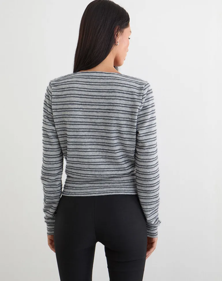 Milzie Wrap Top in Horizontal Stripe Knit Grey and Black