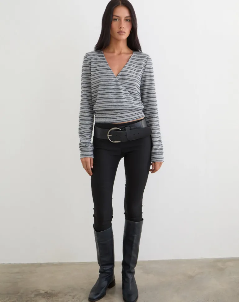 Milzie Wrap Top in Horizontal Stripe Knit Grey and Black