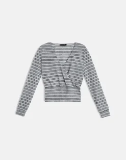 Milzie Wrap Top in Horizontal Stripe Knit Grey and Black