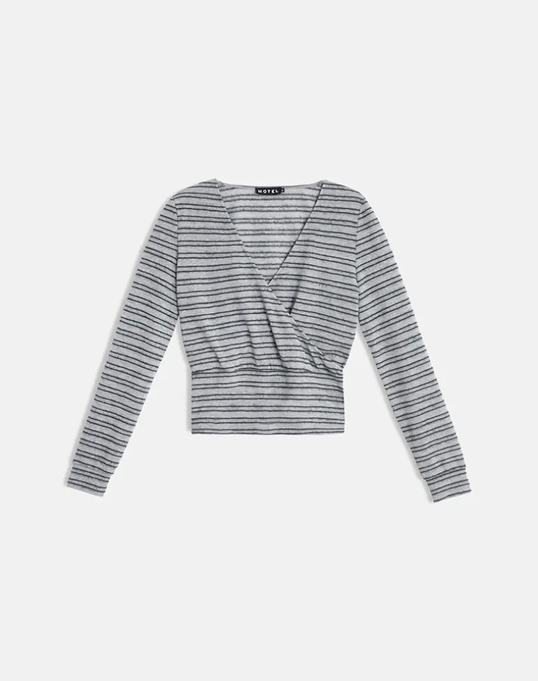 Milzie Wrap Top in Horizontal Stripe Knit Grey and Black