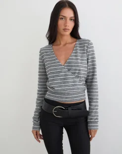 Milzie Wrap Top in Horizontal Stripe Knit Grey and Black