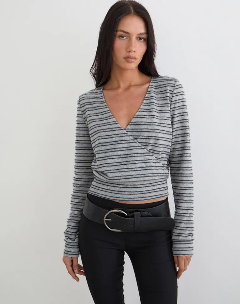 Milzie Wrap Top in Horizontal Stripe Knit Grey and Black