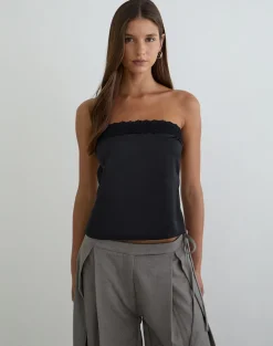 Minae Bandeau Top with Lace Trim in Satin Black