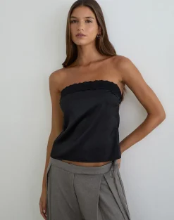 Minae Bandeau Top with Lace Trim in Satin Black