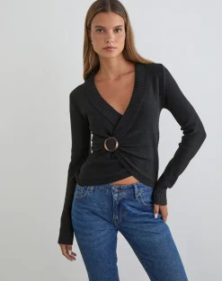 Minara Top with Resin Buckle in Knit Black