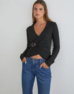 Minara Top with Resin Buckle in Knit Black
