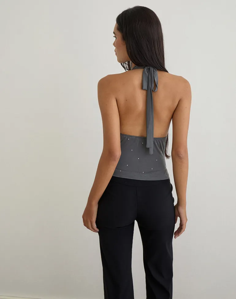 Minova Cowl Neck Top in Cupro Diamante Dark Grey