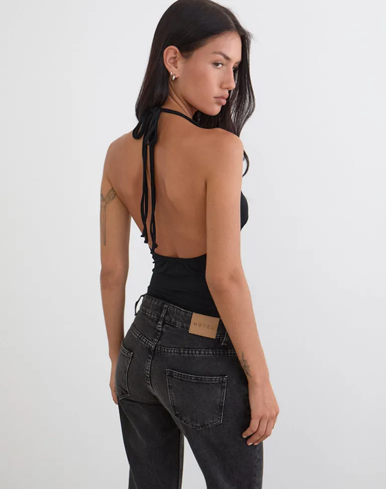 Mioto Keyhole Halterneck Top with Studs in Rayon Black