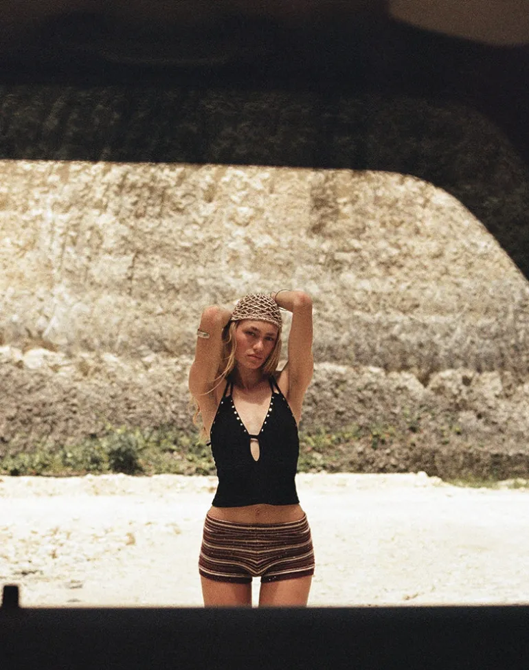 Mioto Keyhole Halterneck Top with Studs in Rayon Black