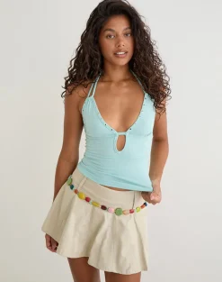 Mioto Keyhole Halterneck Top with Studs in Rayon Aqua