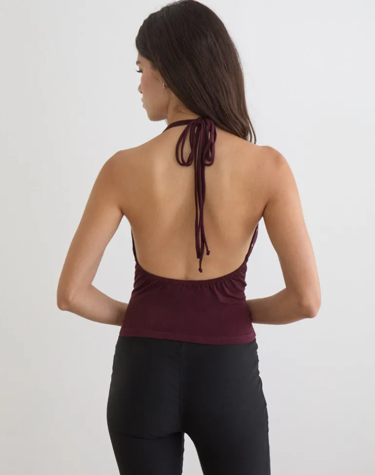 Mioto Keyhole Halterneck Top with Studs in Rayon Dark Plum