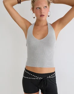 Mirelda Halterneck Top in Lurex Silver