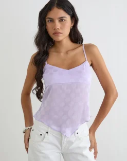 Mirelle Handkerchief Cami Top in Chiffon Lilac Polka Dot