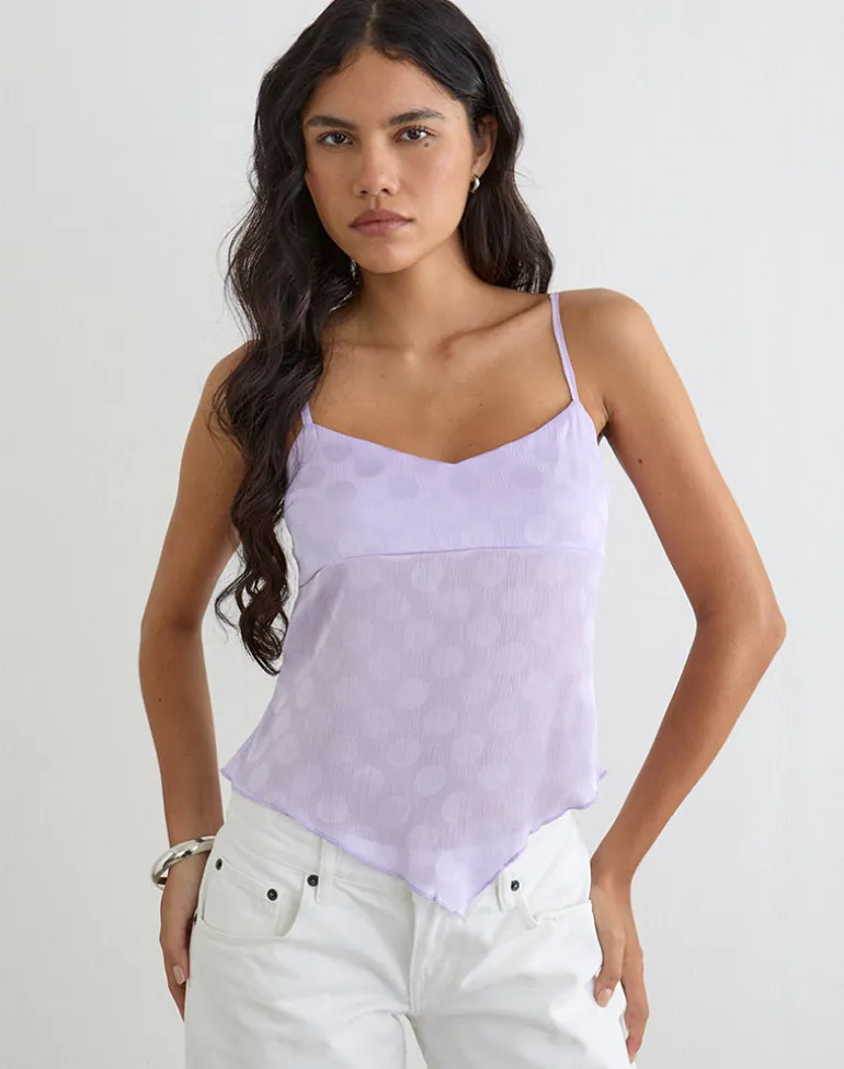 Mirelle Handkerchief Cami Top in Chiffon Lilac Polka Dot