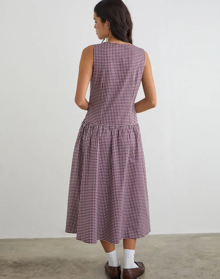 Miriam Midi Dress in Mini Gingham Wine