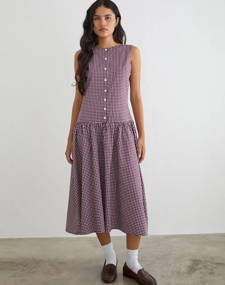 Miriam Midi Dress in Mini Gingham Wine