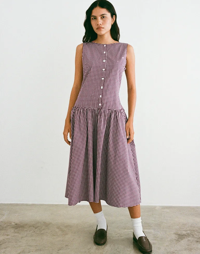 Miriam Midi Dress in Mini Gingham Wine