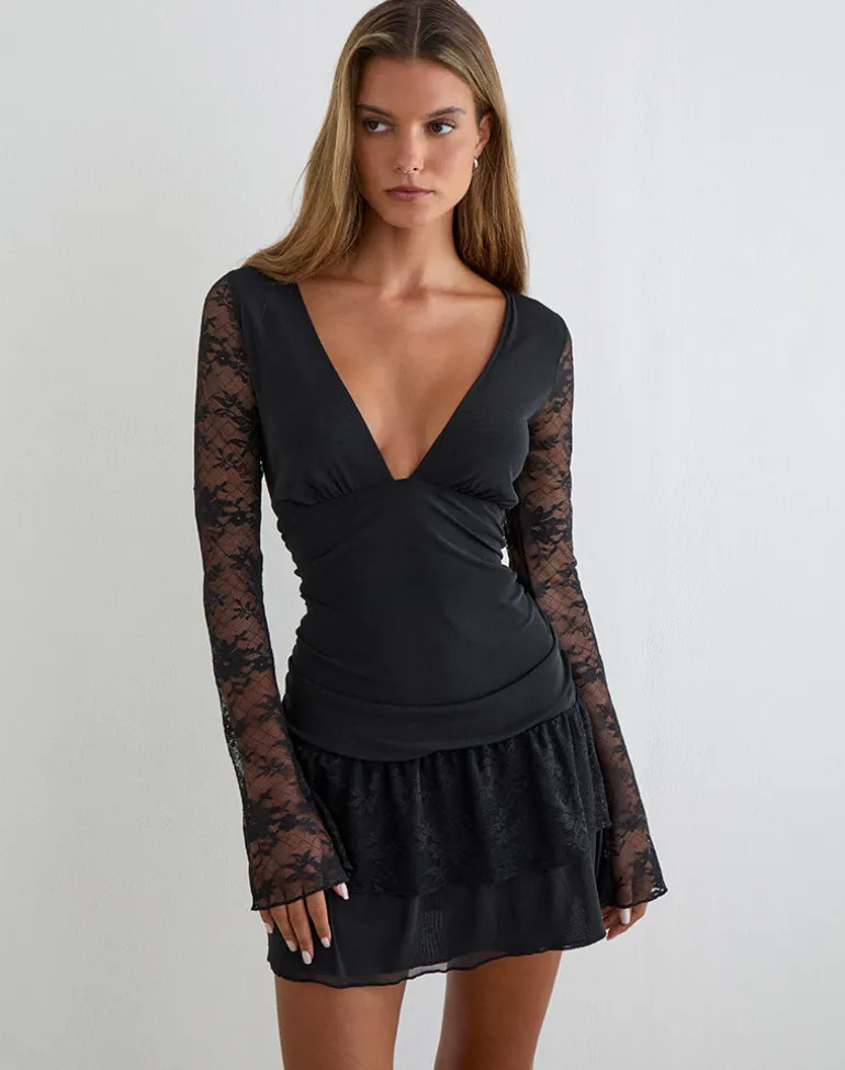 Mishal Long Sleeve Plunge Mini Dress in Lace Black