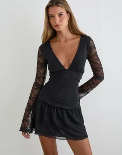 Mishal Long Sleeve Plunge Mini Dress in Lace Black