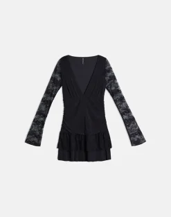 Mishal Long Sleeve Plunge Mini Dress in Lace Black