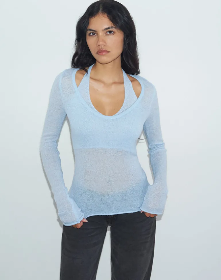Misora Long Sleeve Top in Sheer Knit Blue