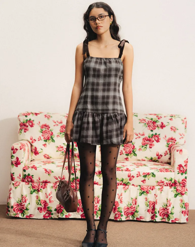 Miyori Square Neck Mini Dress in Grey Check
