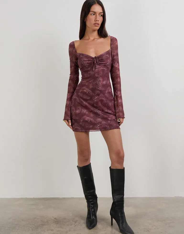 Modena Long Sleeve Mini Dress in Tonal Paisley Plum