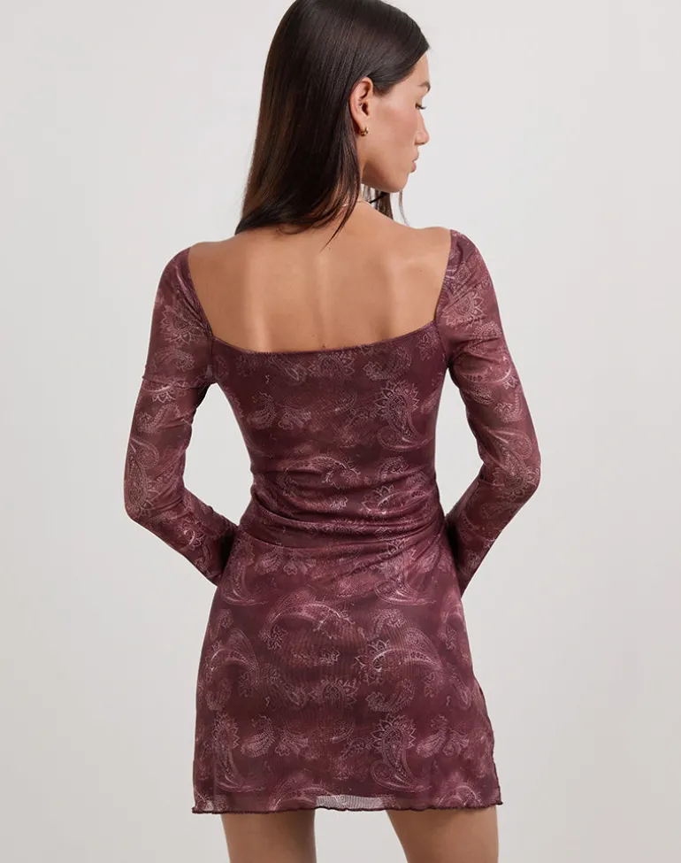 Modena Long Sleeve Mini Dress in Tonal Paisley Plum