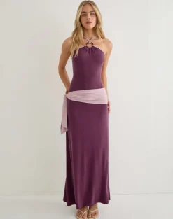 Moisa Maxi Dress in Cupro Deep Purple and Dusty Pink