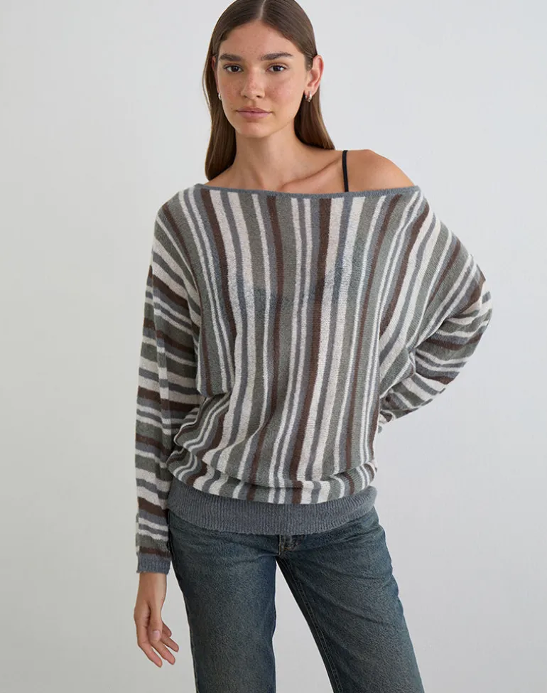 Monara Off Shoulder Knit Top in Big Stripe Grey