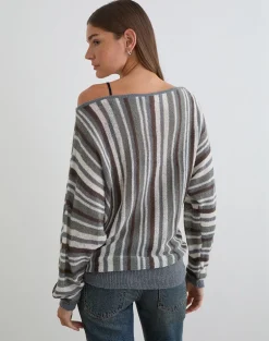 Monara Off Shoulder Knit Top in Big Stripe Grey
